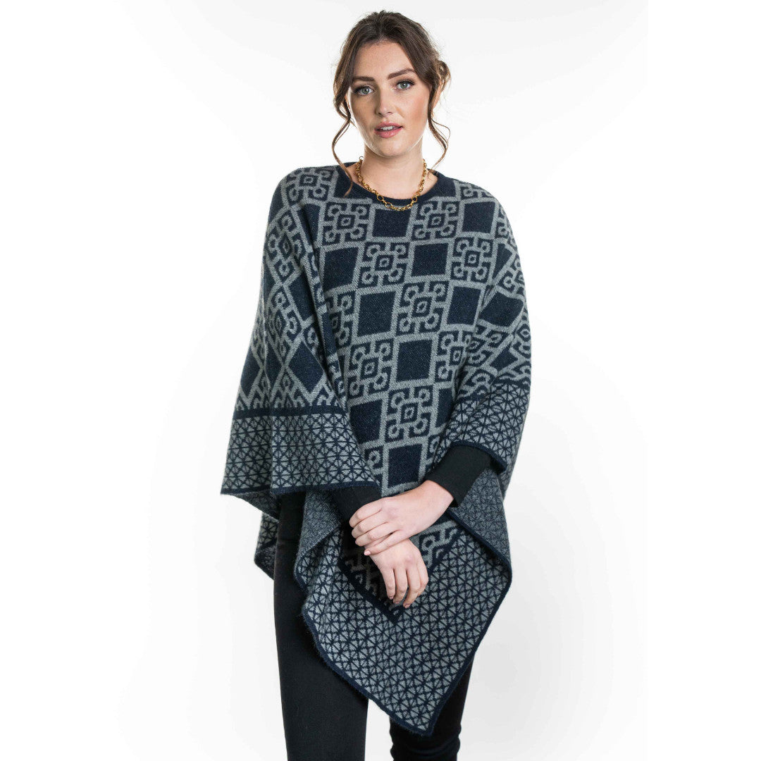 Koru - Merino and Possum Diamond Poncho (KO656) Navy/Mist