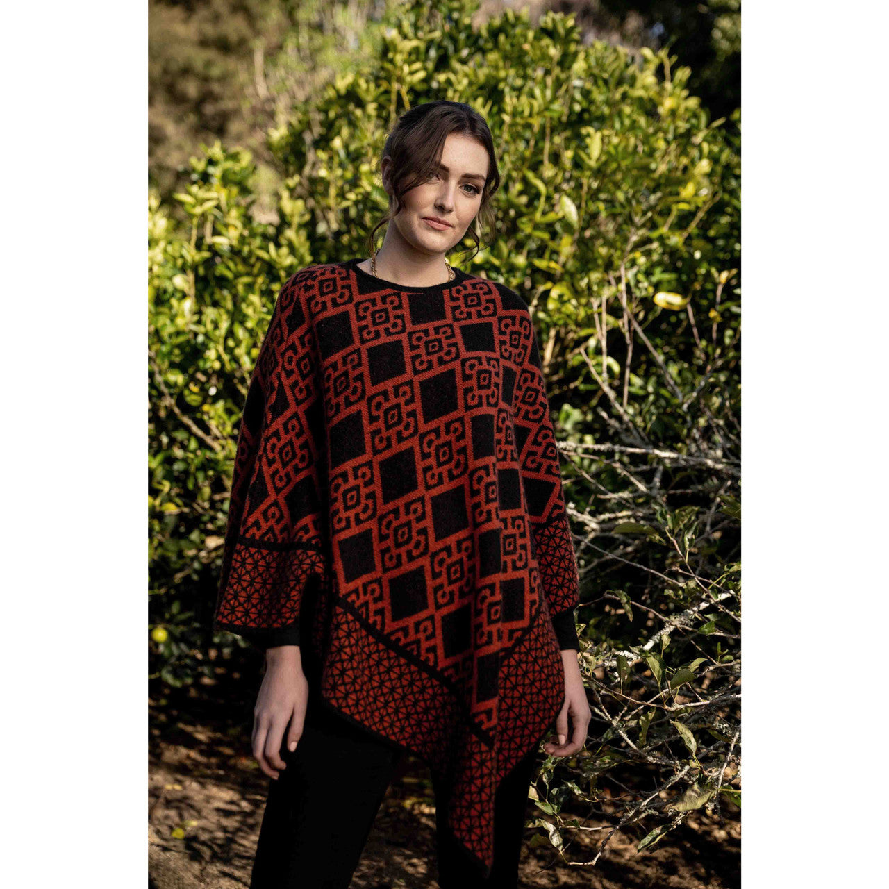 Koru - Merino and Possum Diamond Poncho (KO656) Black/Sienna