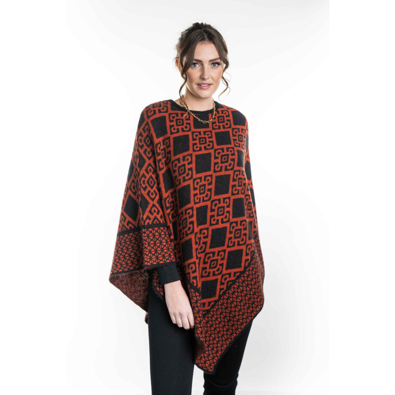 Koru - Merino and Possum Diamond Poncho (KO656) Black/Sienna