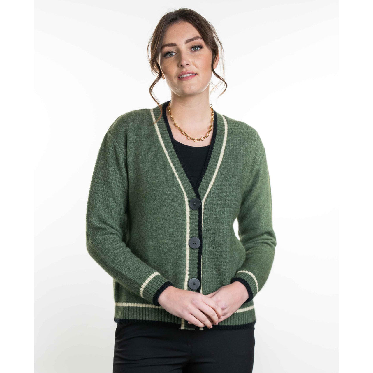 Koru - Merino and Possum Contrast Textured Cardigan (KO561) Moss