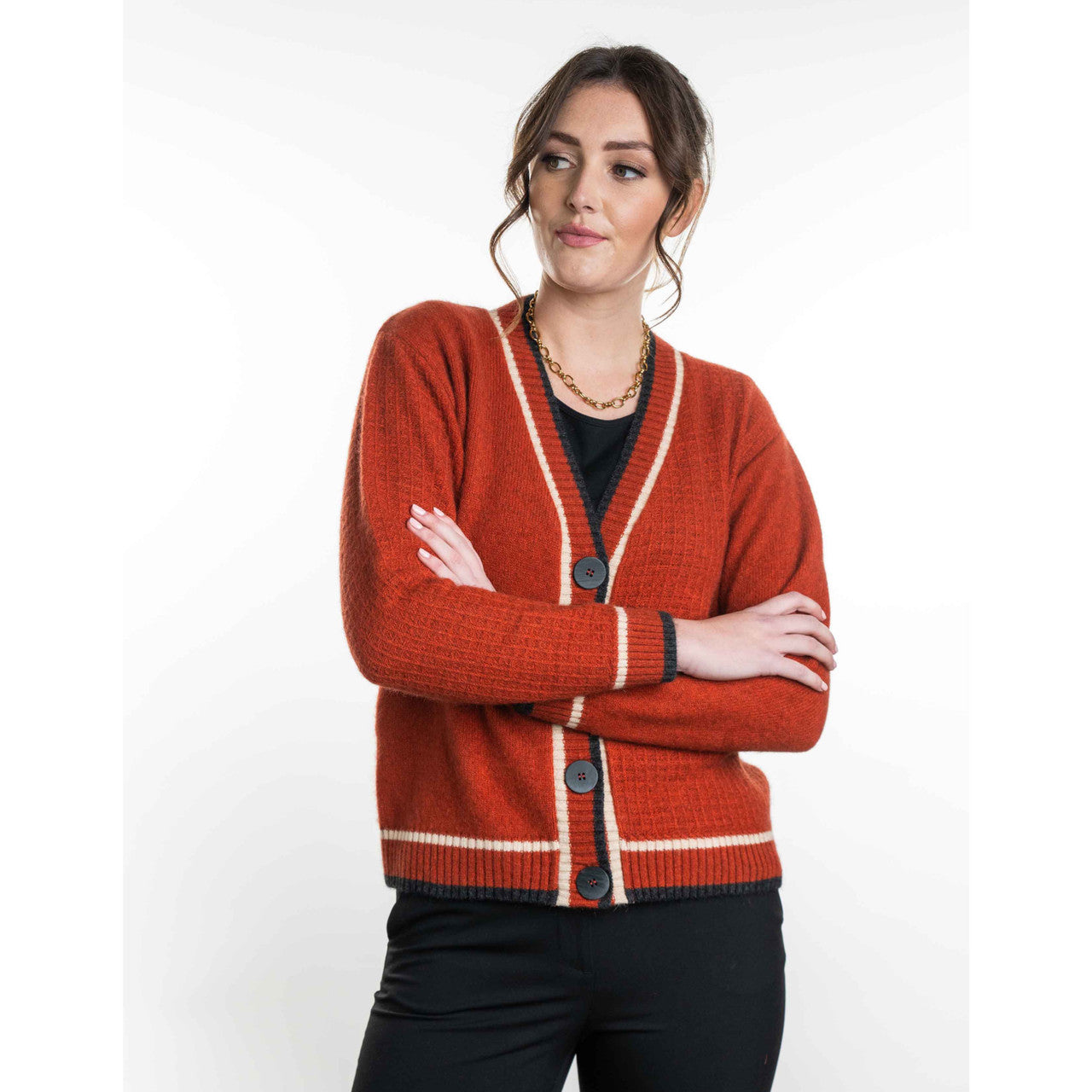 Koru - Merino and Possum Contrast Textured Cardigan (KO561) Sienna