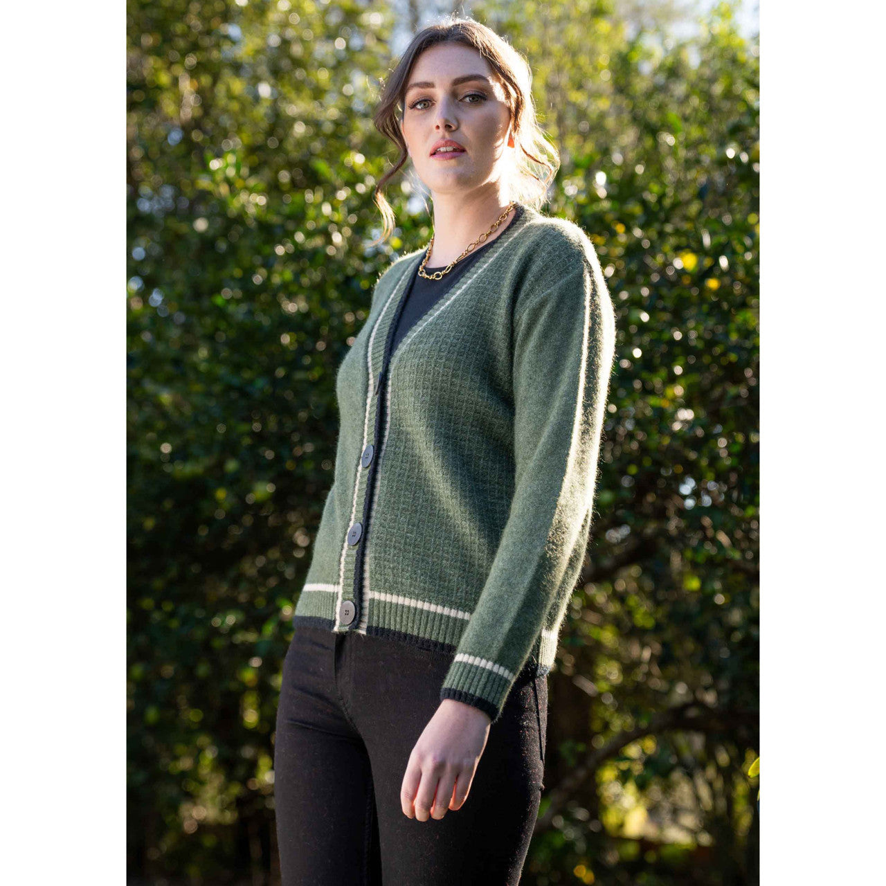 Koru - Merino and Possum Contrast Textured Cardigan (KO561) Moss