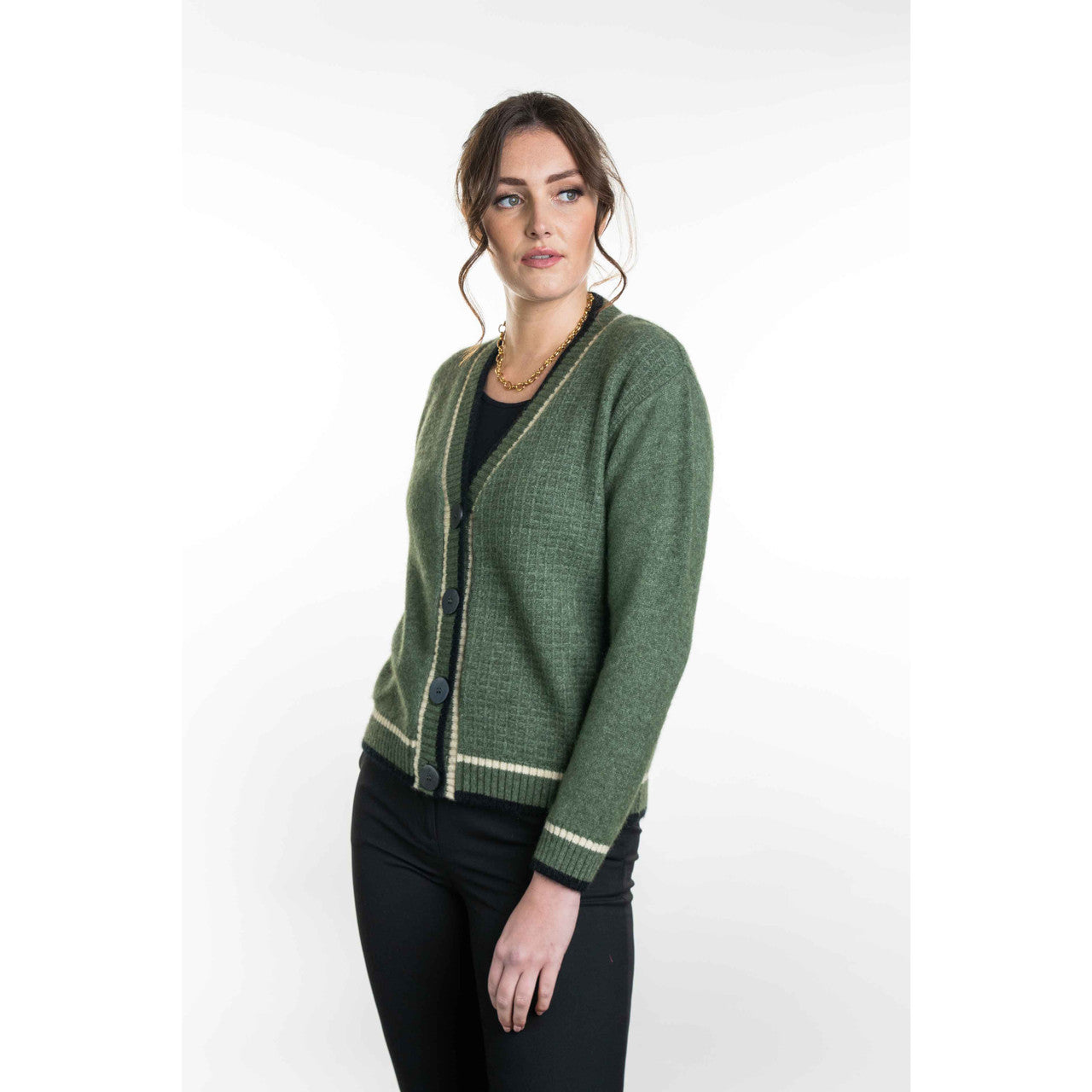 Koru - Merino and Possum Contrast Textured Cardigan (KO561) Moss