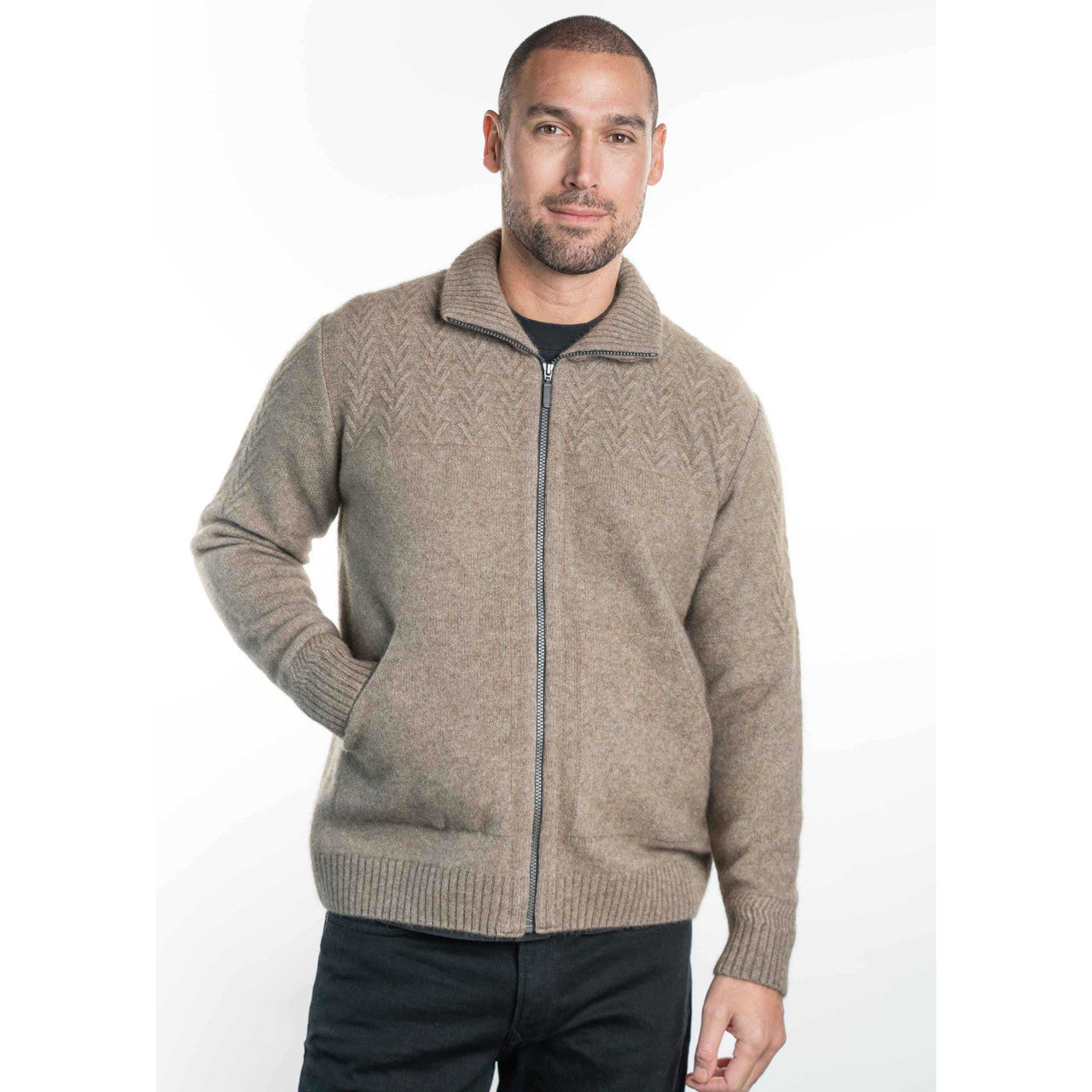 Koru - Merino and Possum Men's Chevron Zip Jacket (KO873) Mocha