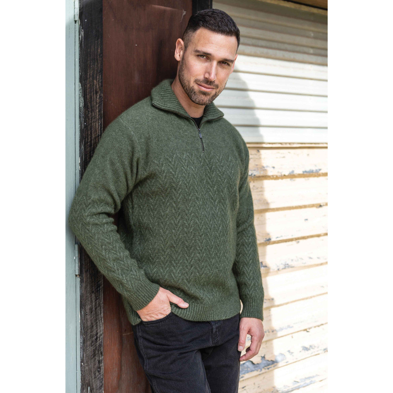 Koru - Men’s Merino - Possum Chevron Zip Jumper (KO871) Moss