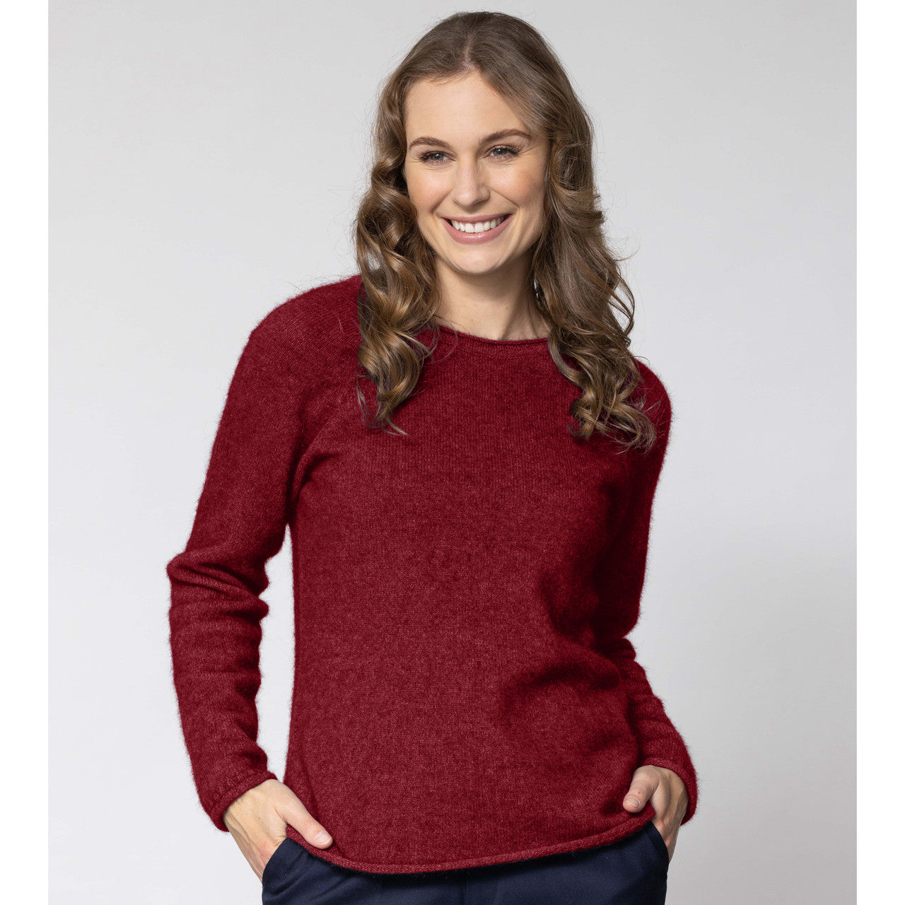 Woman wearing Noble Wilde - Merino and Possum Rutland Raglan Crew (NW3228) in the colour Sangria.