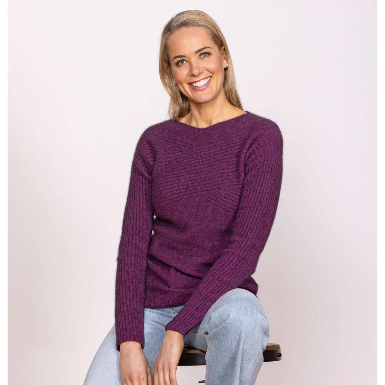 Woman wearing Noble Wilde - Merino & Possum Crossover Sweater (NW3108) in the colour Twilight