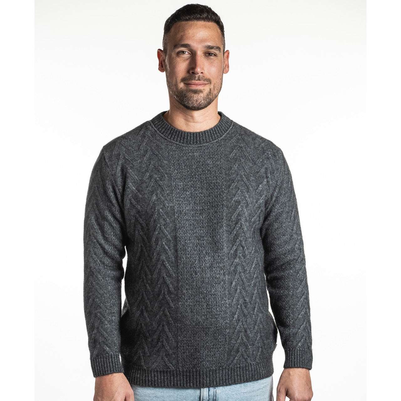 Koru - Men’s Merino - Possum Crew Neck Aran Jumper - Grey