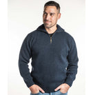 Men’s indigo zip collar jumper in blended Merino and Possum Fur