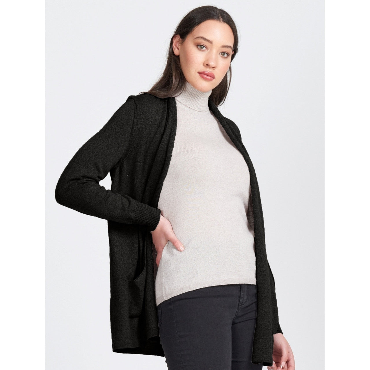 Royal Merino - 100% Merino Open Front Long Cardigan (RM2455) Black.