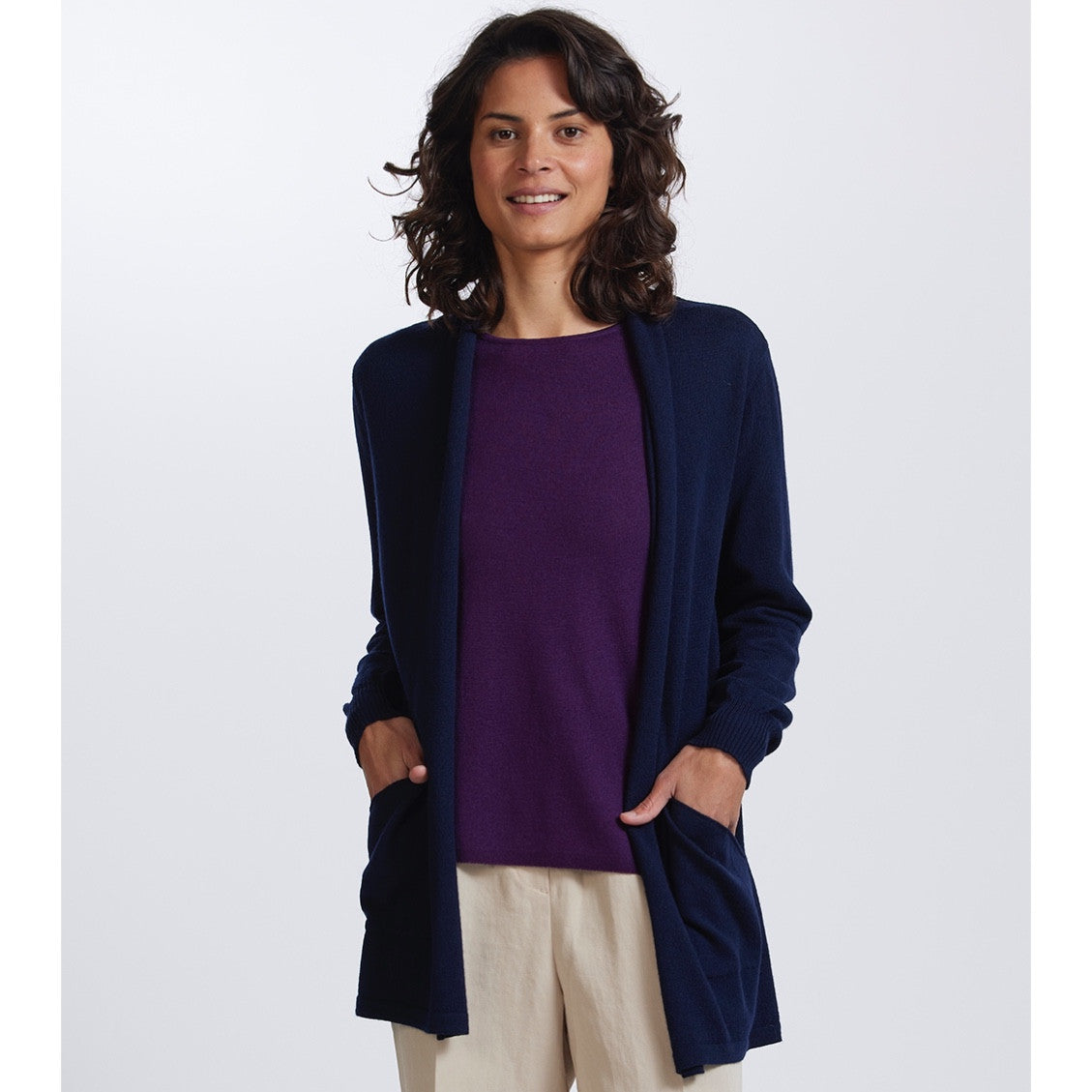 Royal Merino - 100% Merino Open Front Long Cardigan (RM2455) Light Navy.