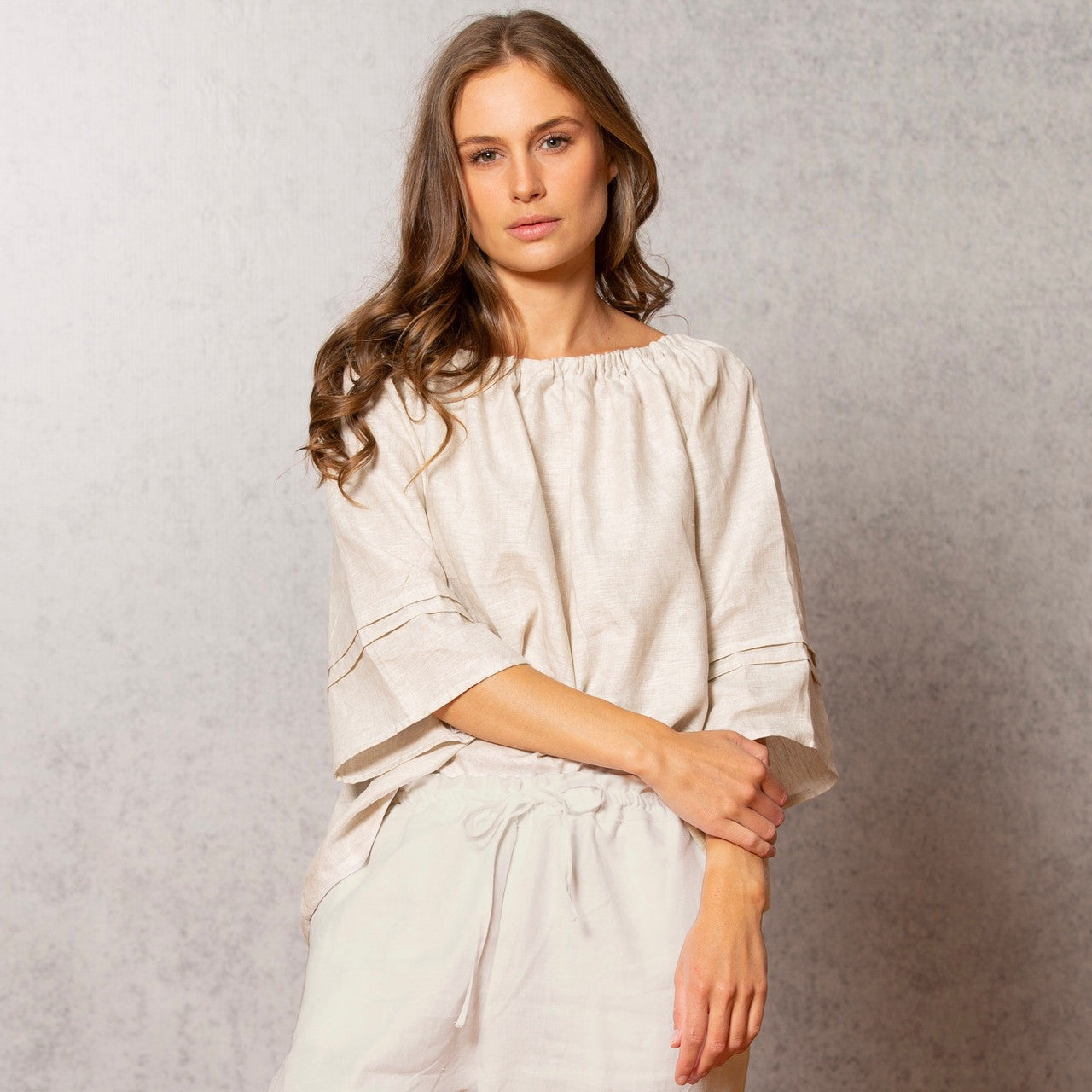 Linen Gathered Boat Neck Top (NWL3000)