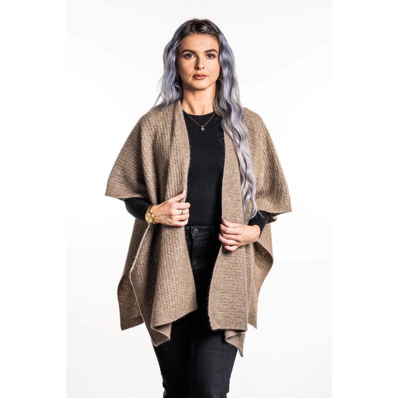 Koru - Merino and Possum Zig Zag Textured Cape (KO553) Mocha
