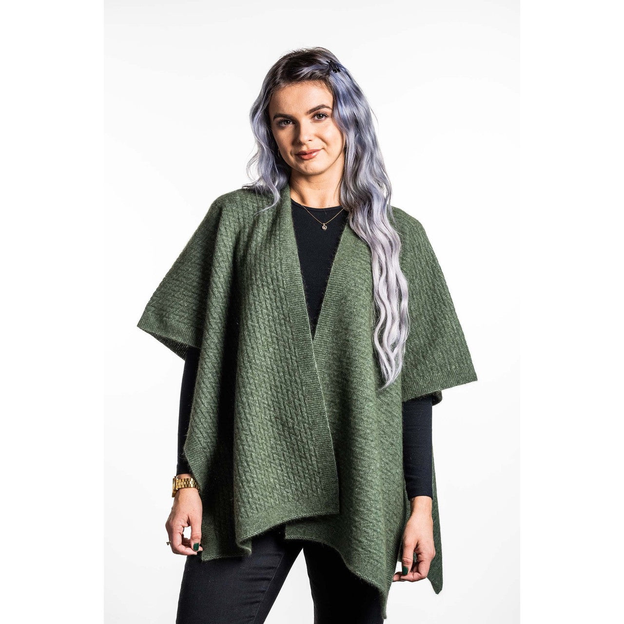 Koru - Merino and Possum Zig Zag Textured Cape (KO553) Moss