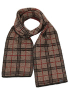 A mocha, espresso, and rata-coloured Koru merino and possum Tartan Scarf.