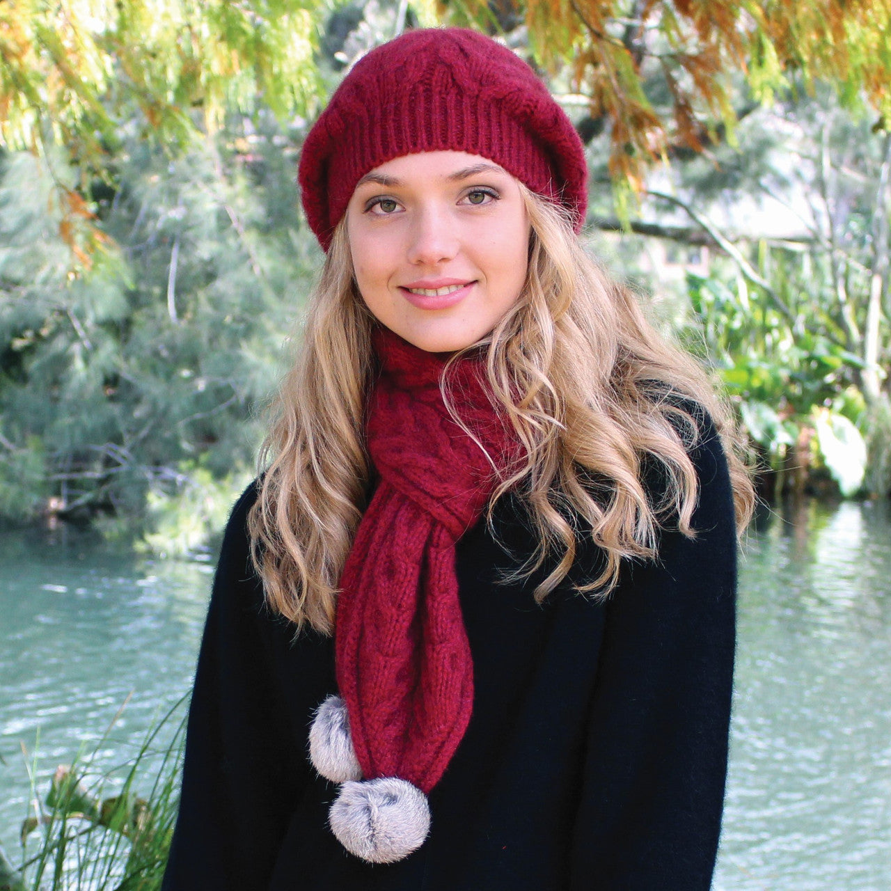 Raspberry colour beanie and scarf