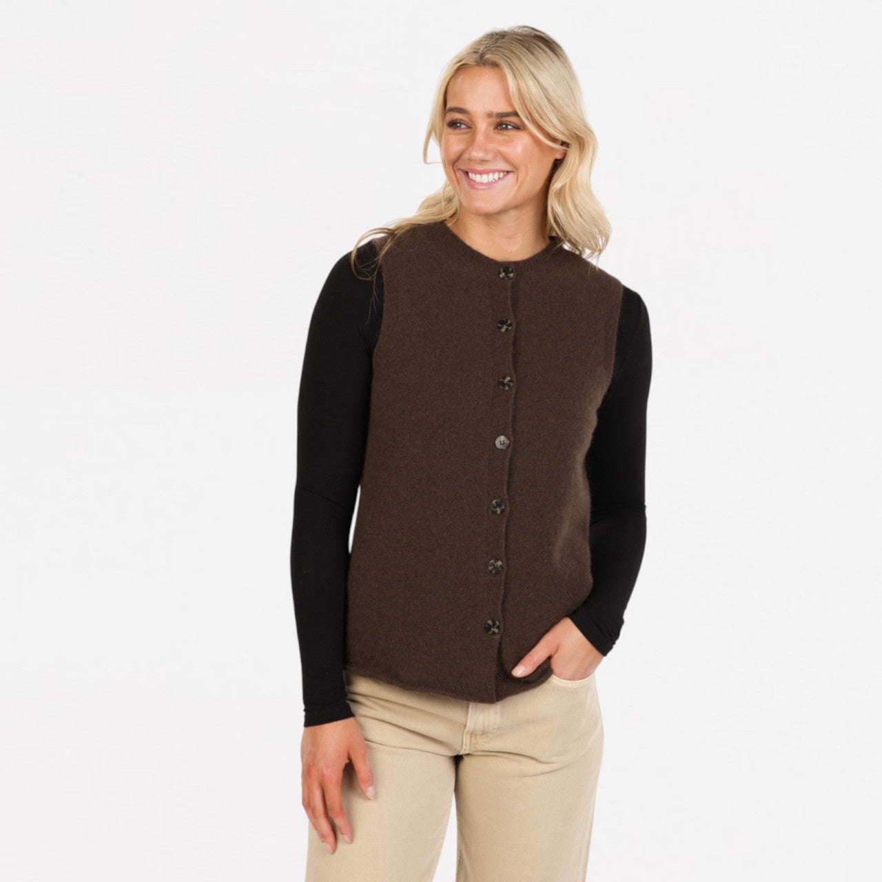 Native World - Merino & Possum Sleeveless Cardigan (NB898) Cocoa