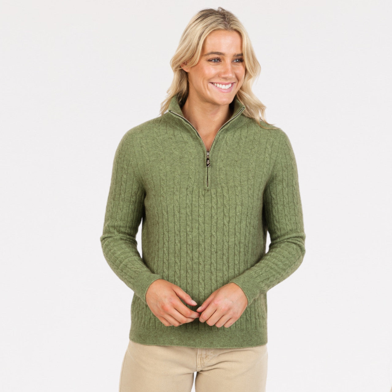 Native World - Merino and Possum Cable Half Zip Sweater (NB900) Pistachio