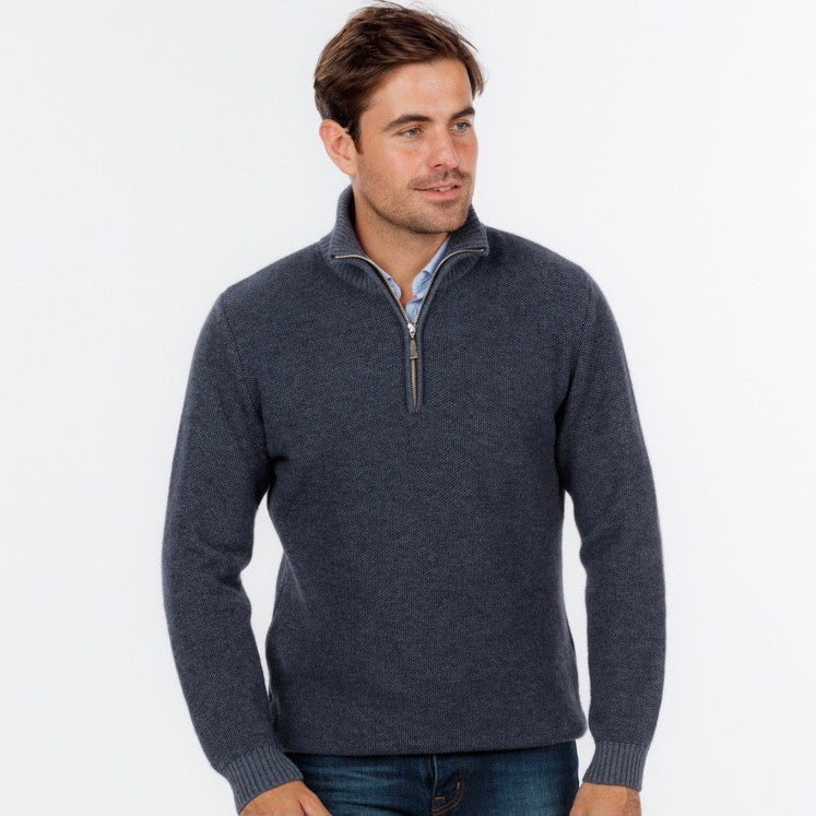Native World - Merino & Possum Textured Half Zip Sweater (NE338)Sky