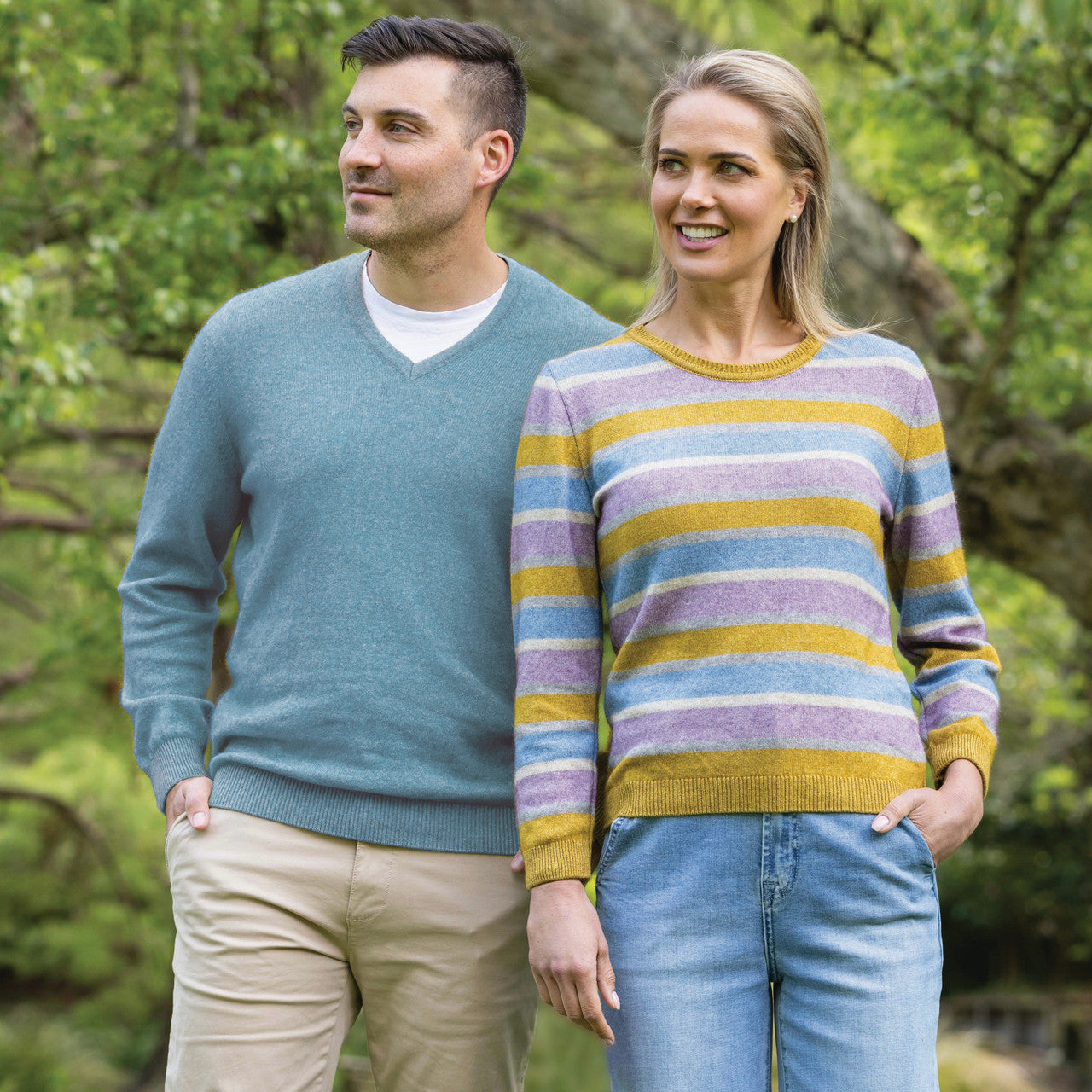 Woman standing beside a man wearing the Cara Crew in the colour Ochre Base.