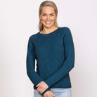 Woman wearing Noble Wilde - Merino and Possum Rutland Raglan Crew (NW3228) in the colour Tui.