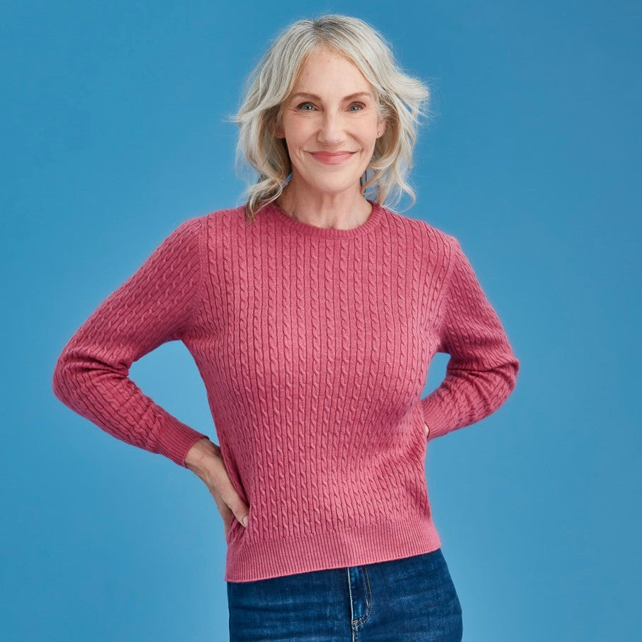 Royal Merino - 100% Merino Rib and Cable Crew (RM2057) Azalea.