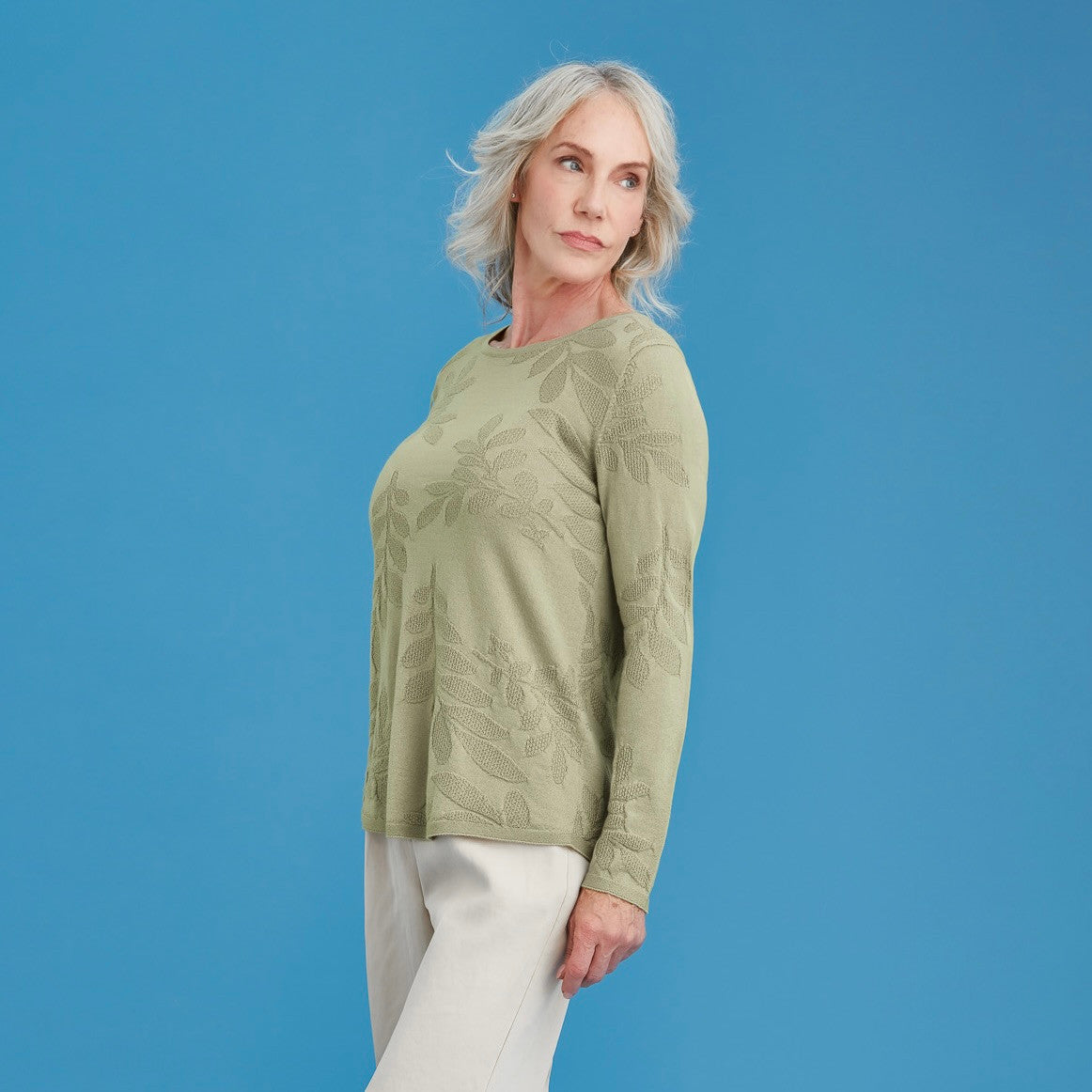 Woman wearing Royal Merino - Flora Stitch Sweater (RM3033) in the colour Citron