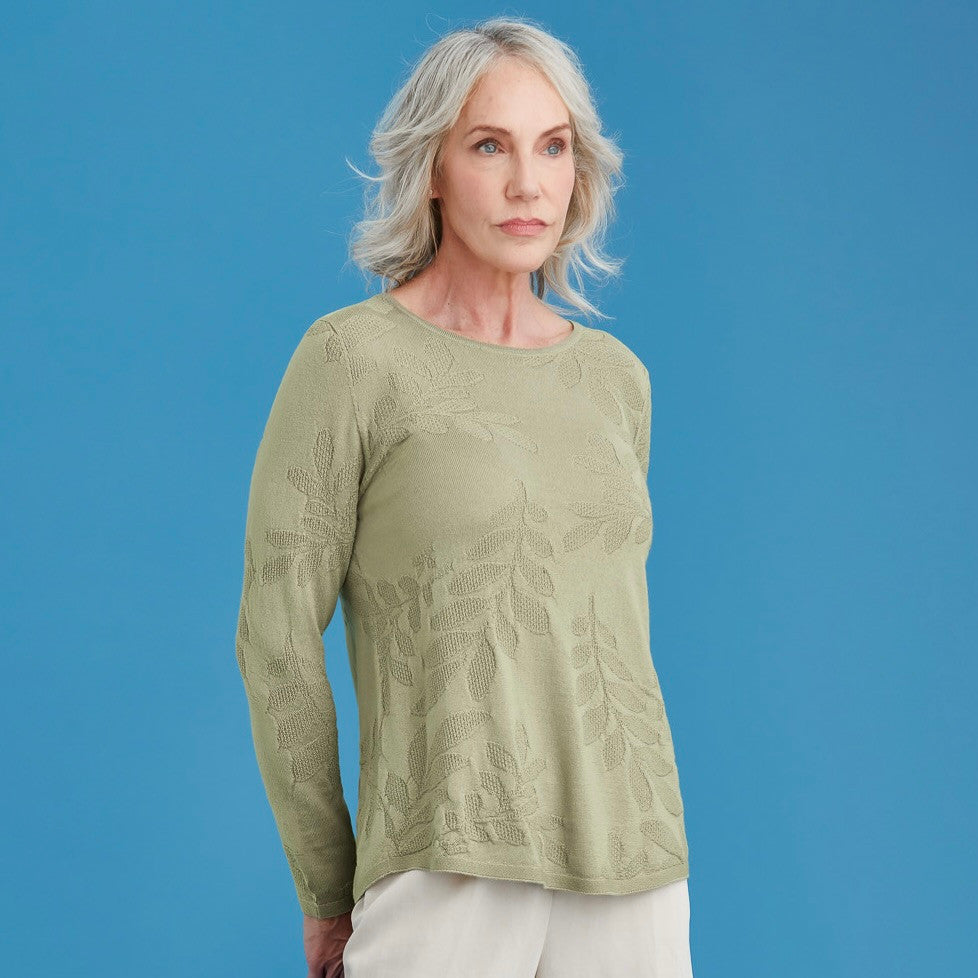 Woman wearing Royal Merino - Flora Stitch Sweater (RM3033) in the colour Citron