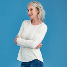 Woman wearing Royal Merino - Flora Stitch Sweater (RM3033) in the colour Natural
