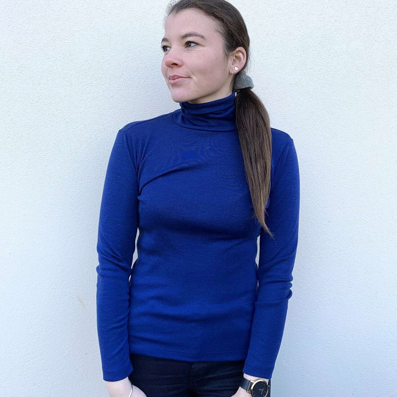 Woman wearing Bay Road Merino - Isabel Polo (BR716-SALE) in the colour Royal.
