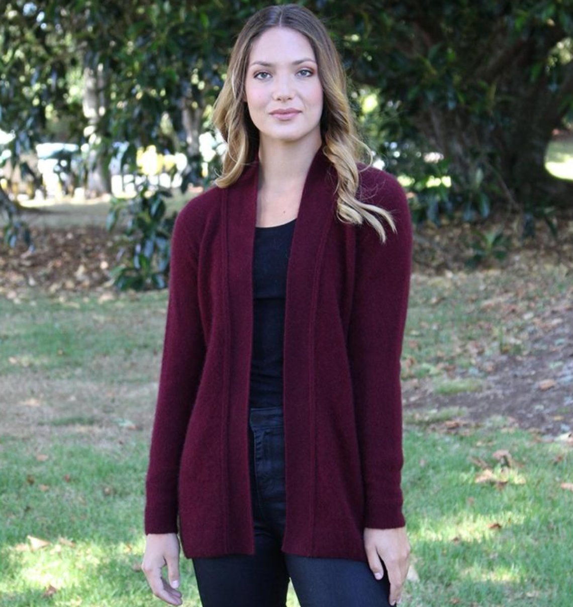 Woman wearing Pinot colour jacket