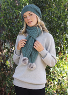 Sage-Lothlorian - Cable Scarf with Rabbit Fur Pompoms (9873)