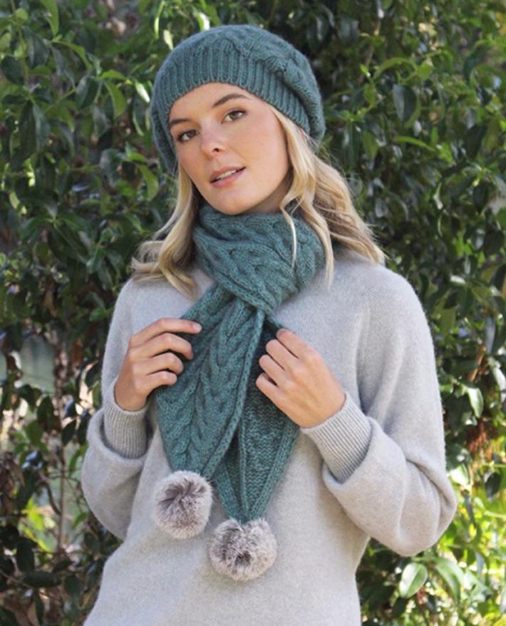 Sage - Cable Beanie with Rabbit Fur Pompom (9872)