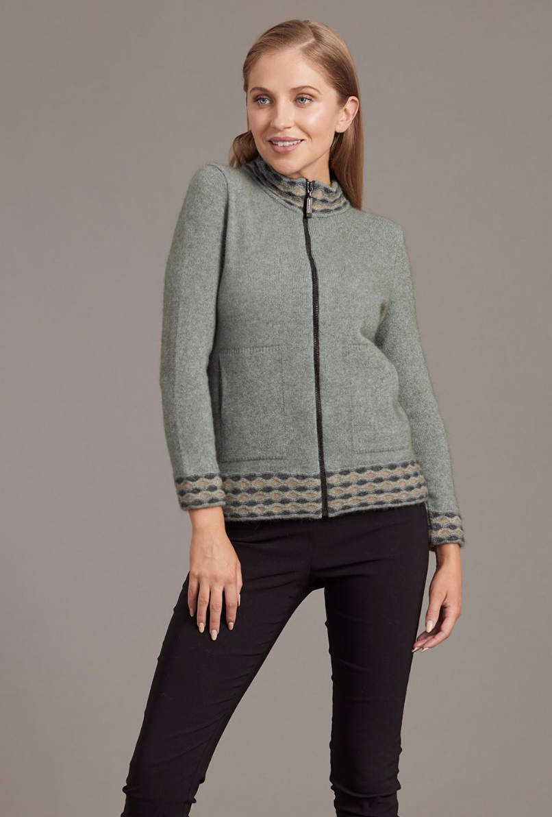 McDonald - Possum & Merino Wave trim Zip Cardigan-Mint