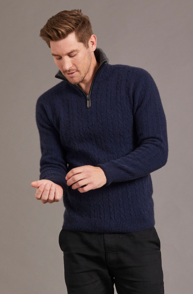 McDonald - Possum & Merino Cable Jersey with Contrast Trim-Navy