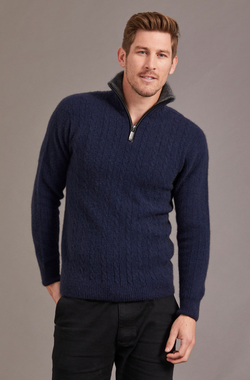 McDonald - Possum & Merino Cable Jersey with Contrast Trim-Navy