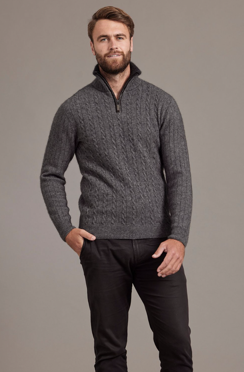 McDonald - Possum & Merino Cable Jersey with Contrast Trim-Charcoal
