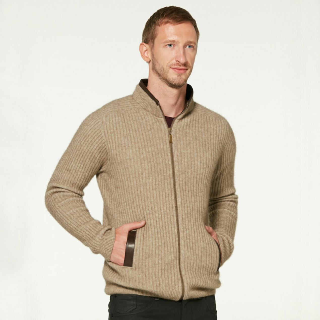 McDonald-Possum & Merino Rib Zip Jacket with Leather Trim (6610/)Mocha