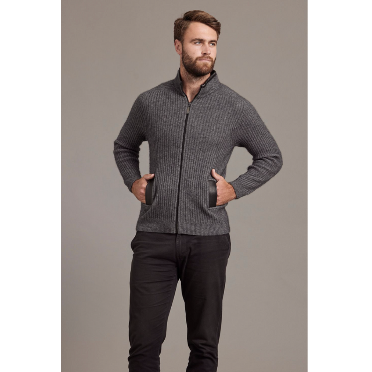 McDonald-Possum & Merino Rib Zip Jacket with Leather Trim (6610)Pewter