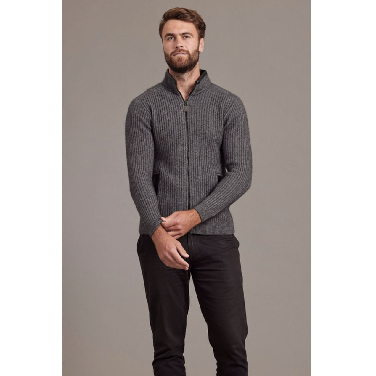 McDonald-Possum & Merino Rib Zip Jacket with Leather Trim (6610)Pewter