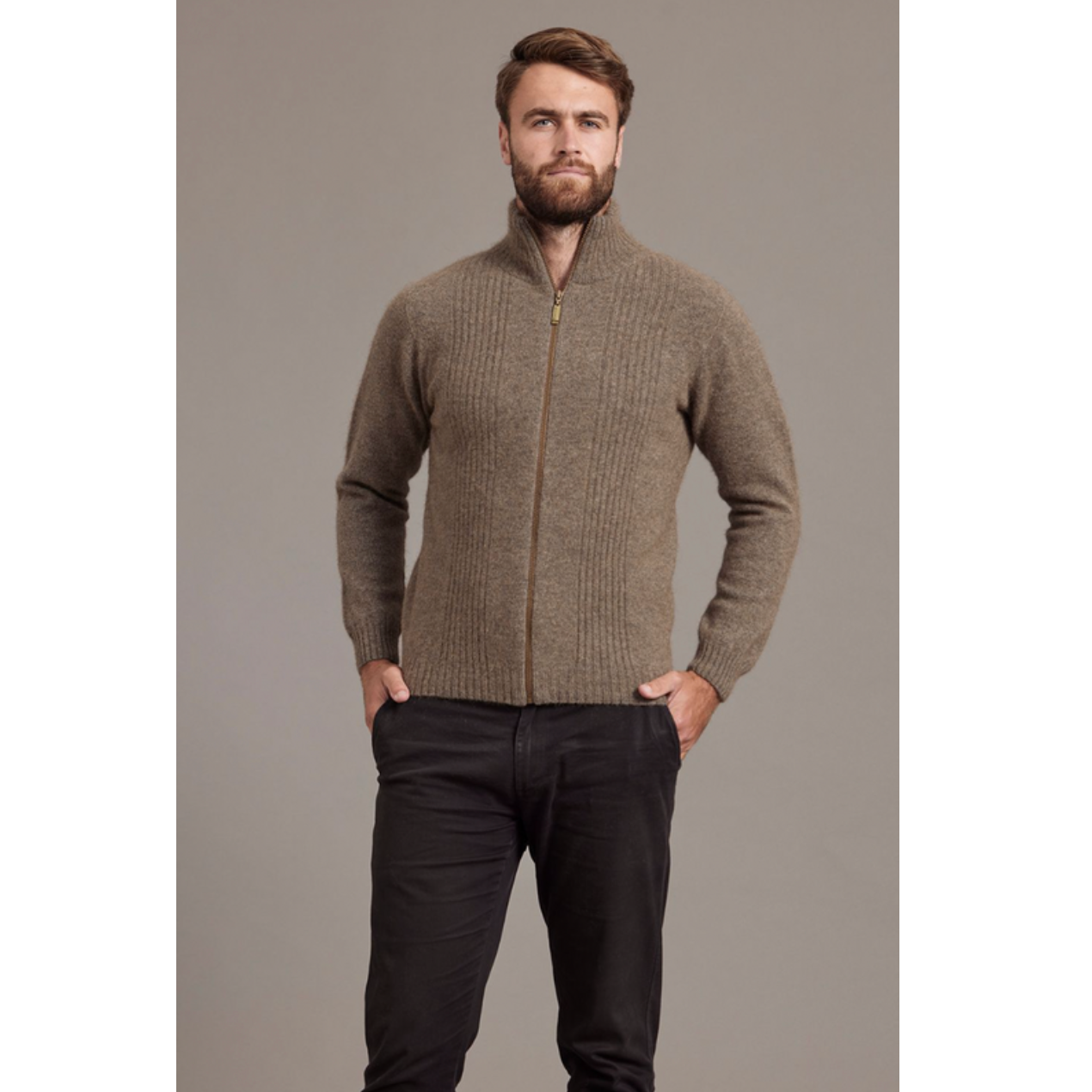 McDonald - Possum & Merino Rib Front Jacket (6602/)Bark