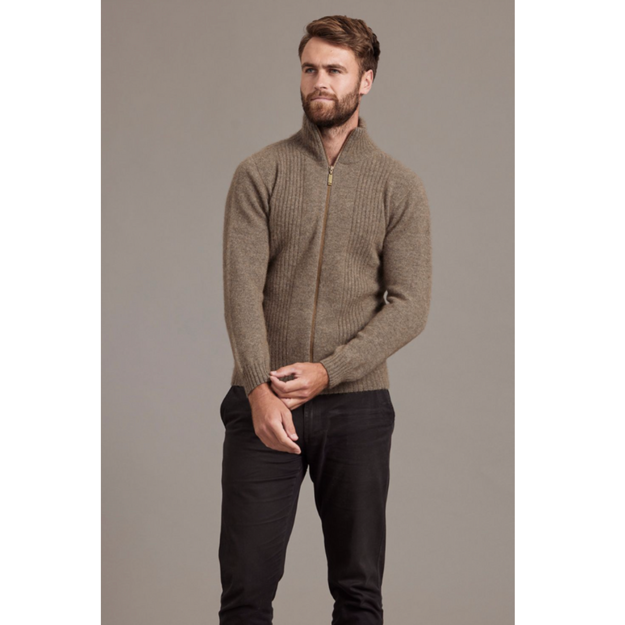 McDonald - Possum & Merino Rib Front Jacket (6602/)Bark