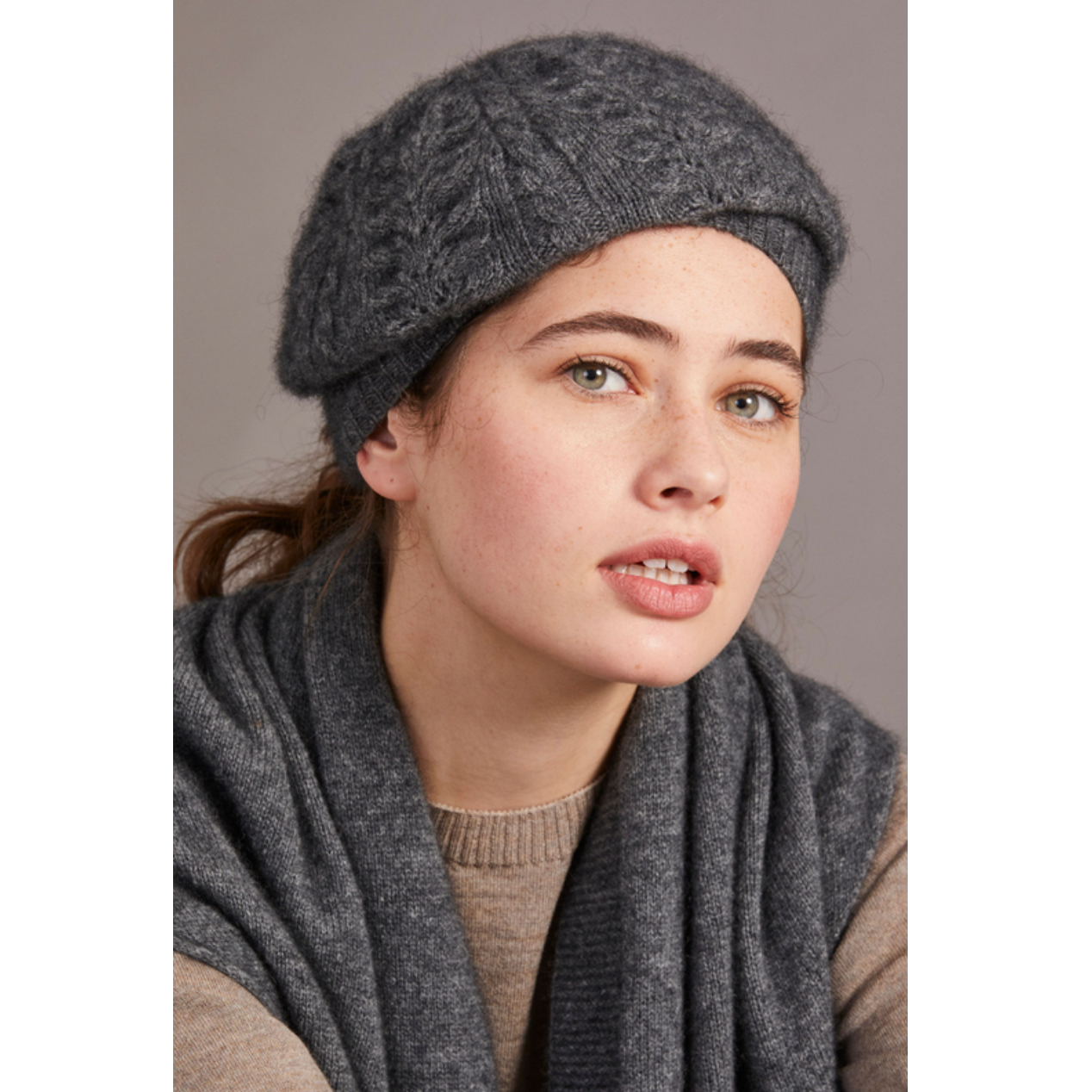 Merino & Possum Cable Beret in colour Pewter