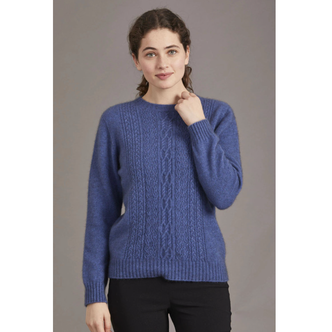 Possum and merino crew neck jersey with lace detail. Orchid