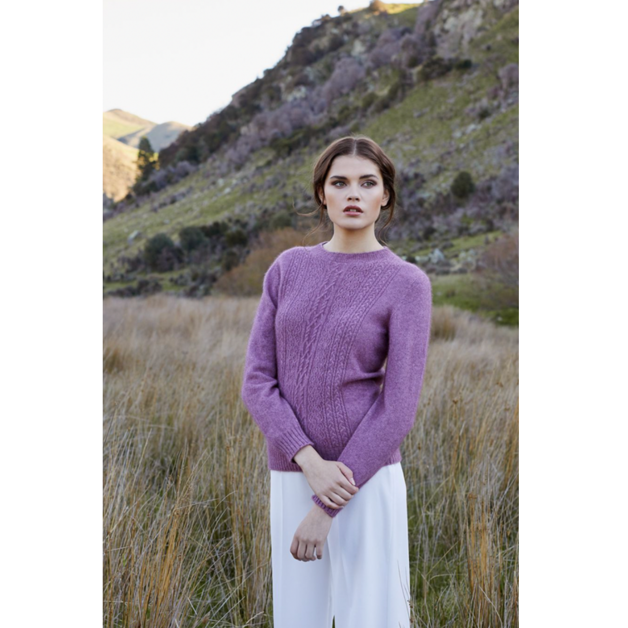 Possum and merino crew neck jersey with lace detail. Heather