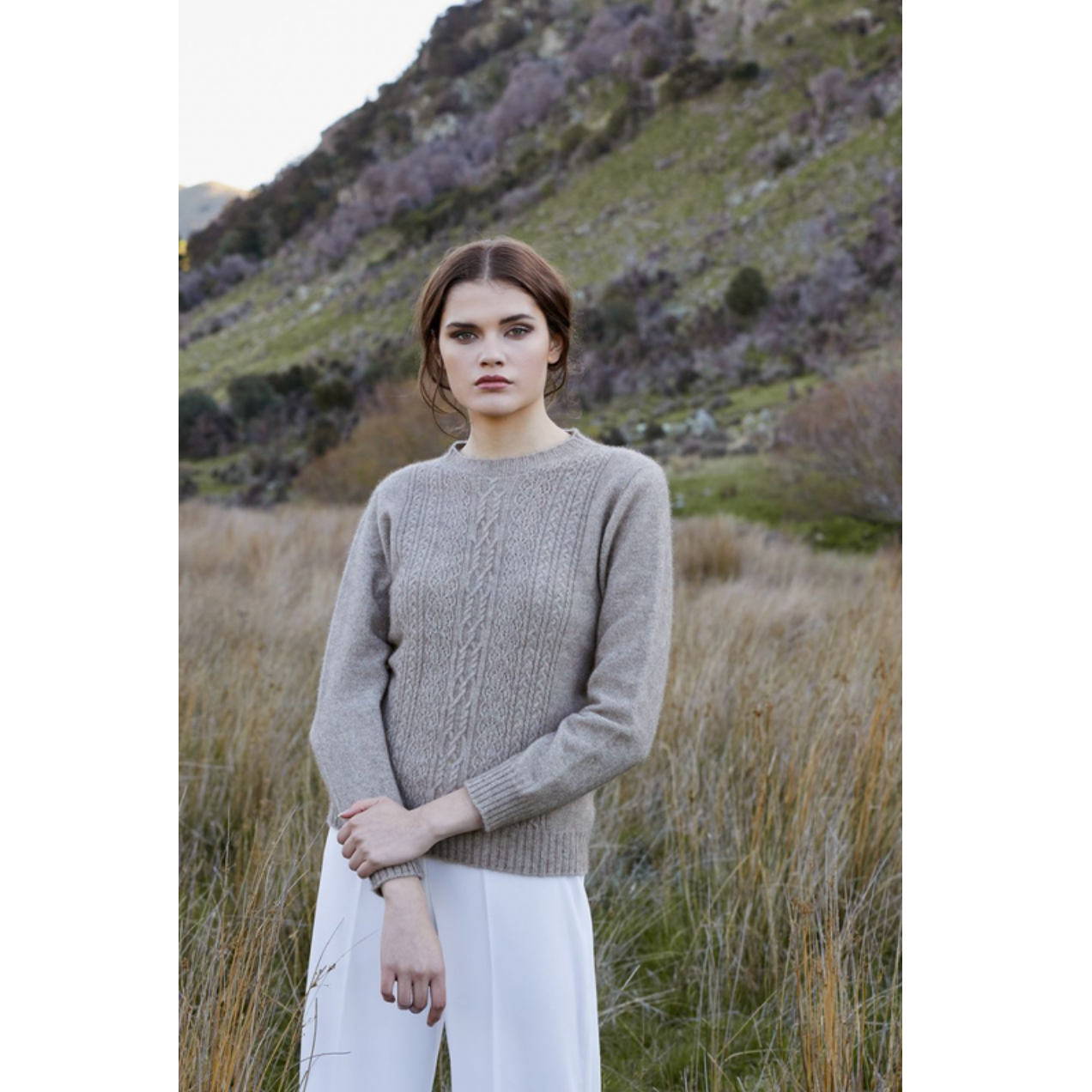 Possum and merino crew neck jersey with lace detail. Mocha
