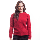 Possum and merino crew neck jersey with lace detail. Red