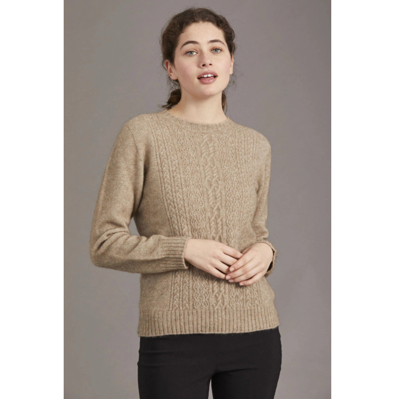 Possum and merino crew neck jersey with lace detail. Mocha
