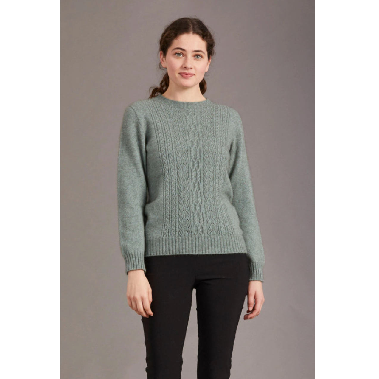 Possum and merino crew neck jersey with lace detail. Mint