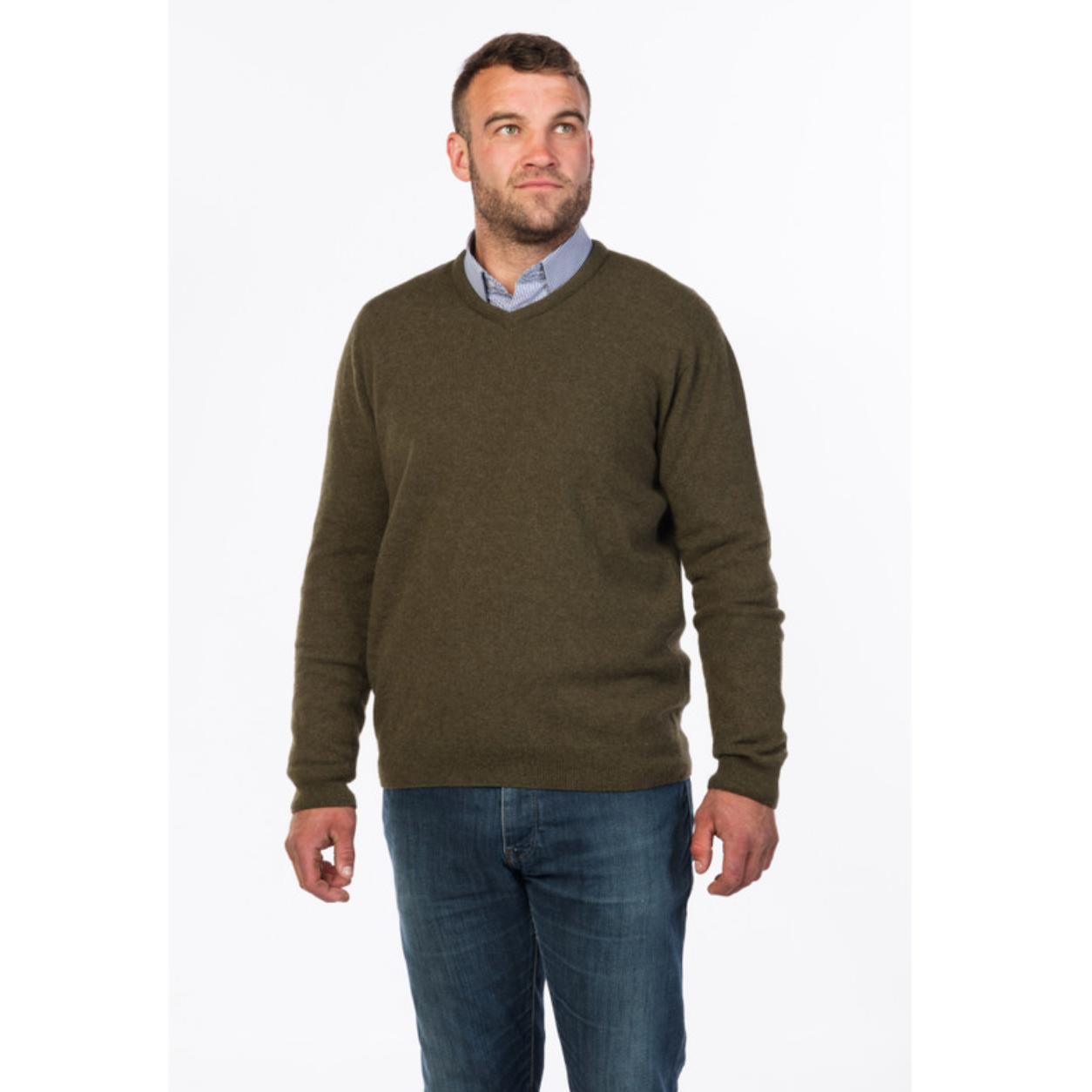 Native World - Merino & Possum Men's Vee Neck Sweater (NB121)Fern